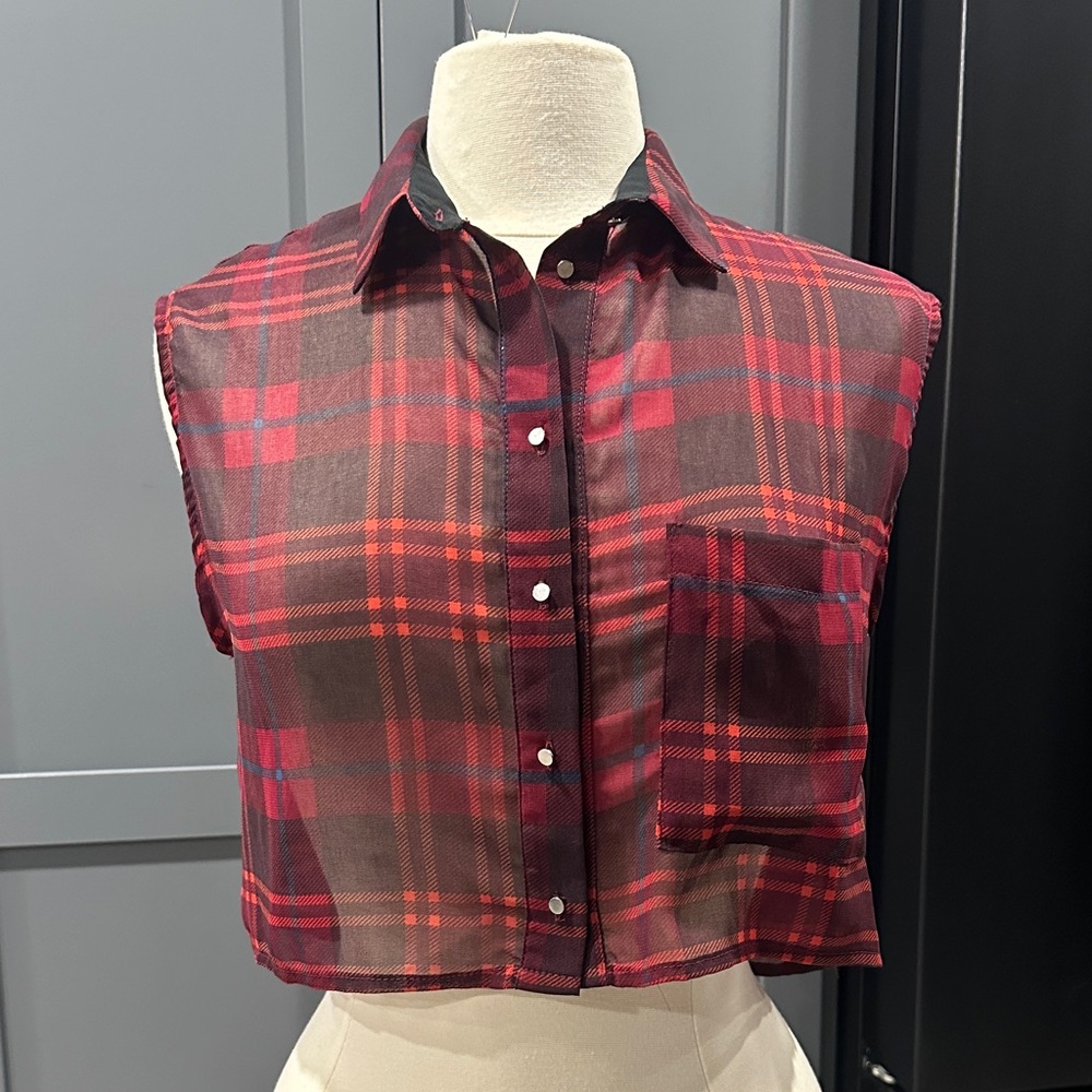 Bershka Red and Black Plaid Chiffon Top